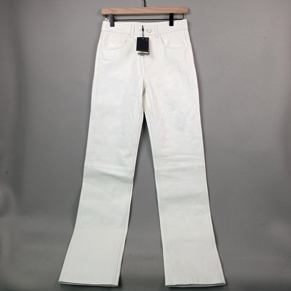 Massimo Dutti Nappa Leather Flared Bootcut Trousers Pants XS White Ecru NWT $499
